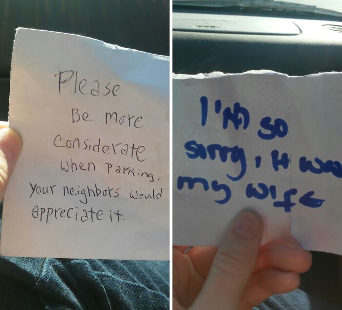 Funny neighbors notes split image showing a parking complaint and a reply blaming the wife.