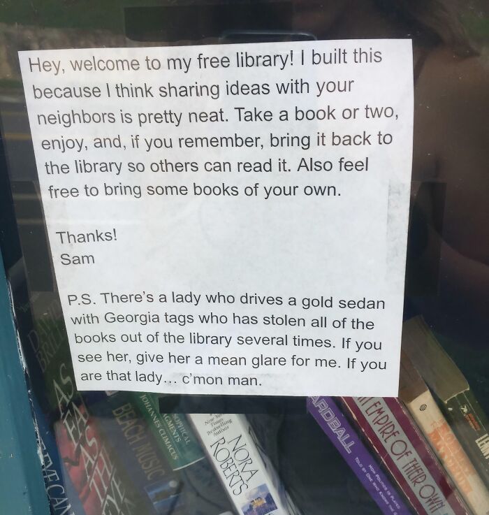 Funny neighbors notes: A free library note with a postscript about a book thief in a gold sedan.