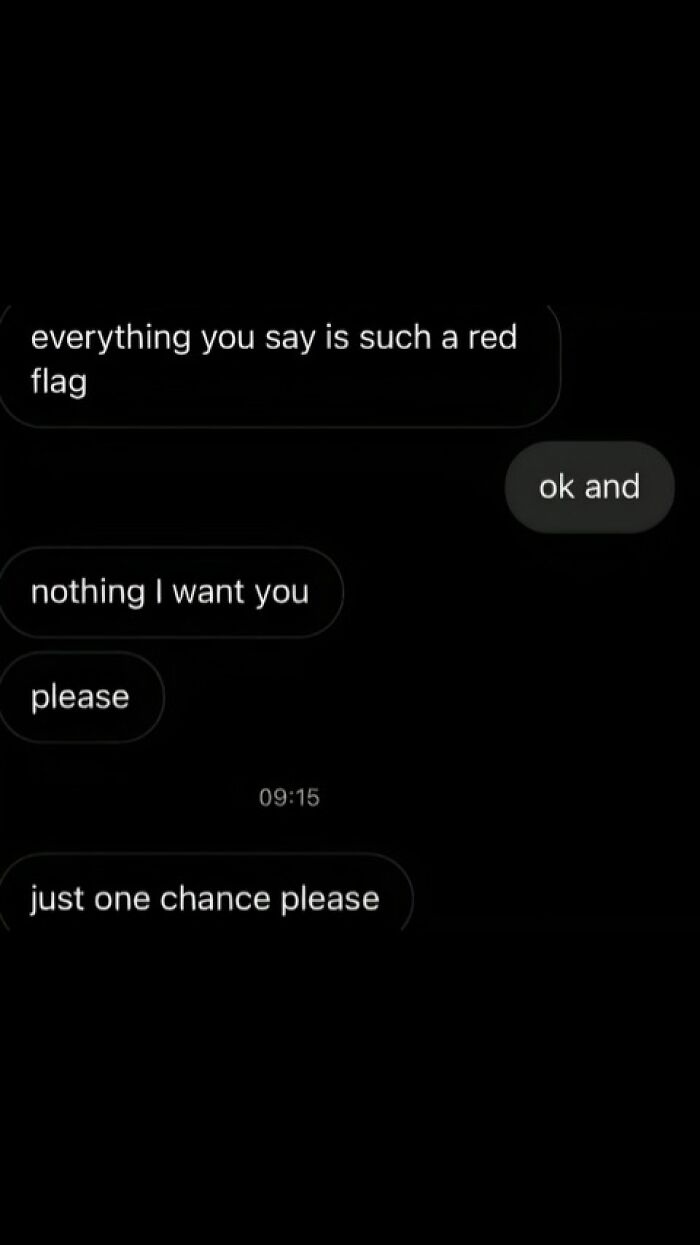 Hilarious text exchange where one person calls everything the other says a 'red flag' but then begs for 'one chance please.'