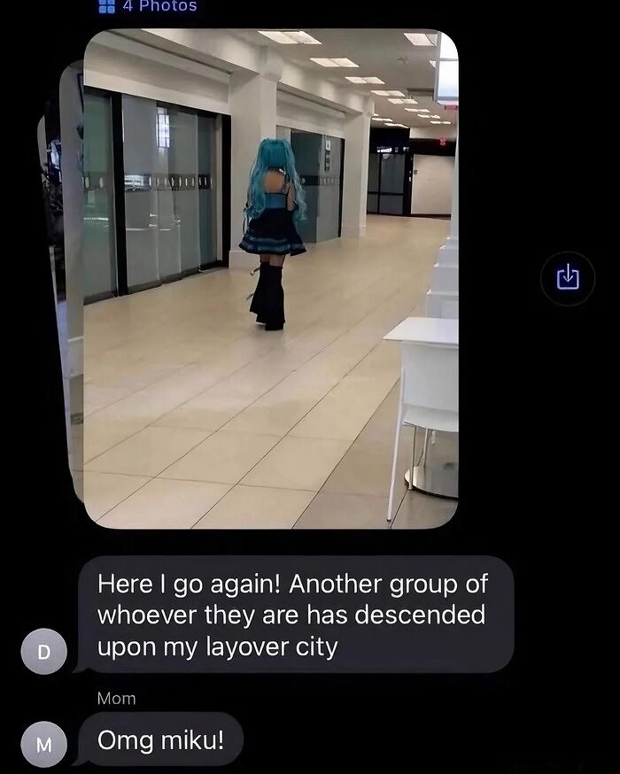 Hilarious text exchanges with a photo of a person in a Miku cosplay in a mall, demonstrating absolutely no filter.