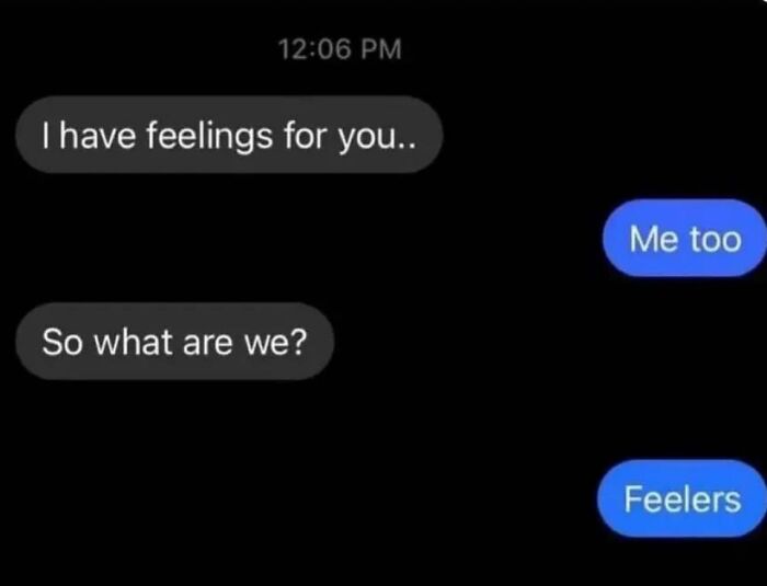 Hilarious text exchange showing two people with feelings deciding they are feelers, a no filter moment.