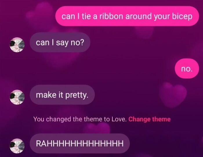 A screenshot of hilarious text exchanges with a vibrant purple theme about tying a ribbon around a bicep.