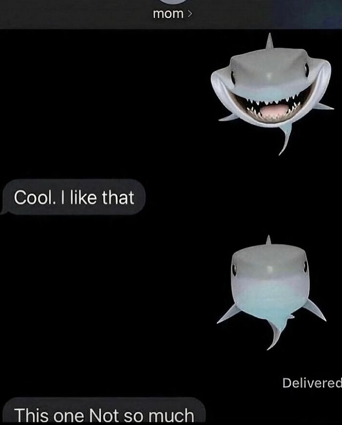 A screenshot of hilarious text exchanges where someone sends two shark emojis, liking one and not the other.