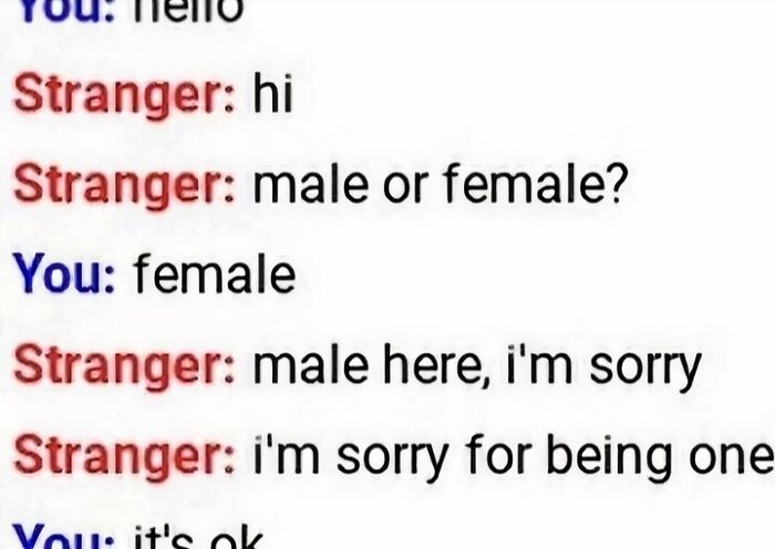 A screenshot of hilarious text exchanges with a stranger saying sorry for being male.