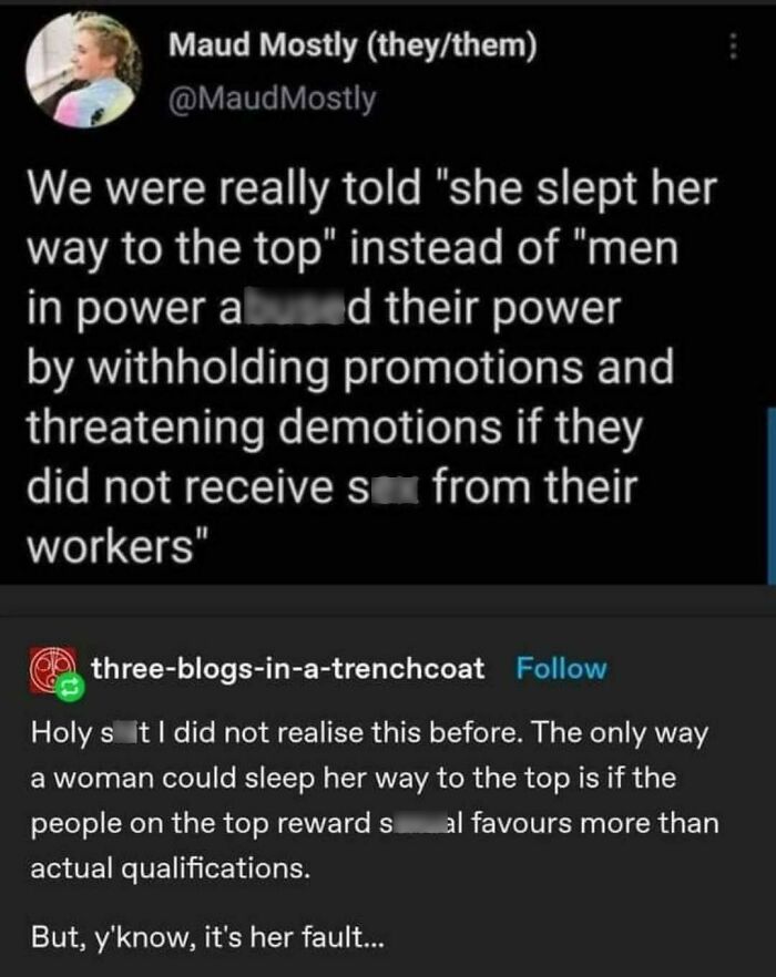 A tweet about women succeeding and men in power displaying fragile masculinity.