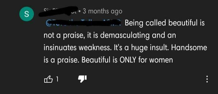 A comment stating that being called beautiful is emasculating for men, an example of fragile masculinity.