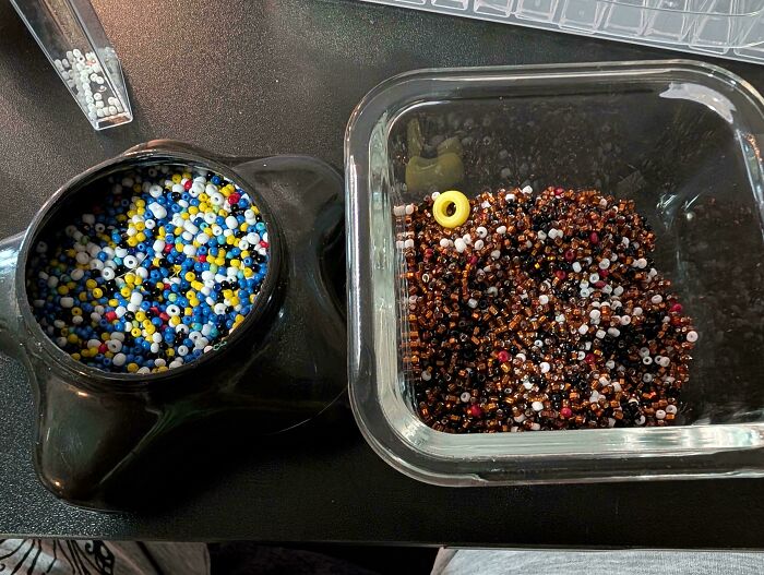 A black container filled with colorful beads next to a clear dish of brown beads, highlighting horrible roommates.