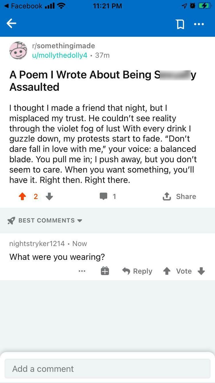 Screenshot of an online comment asking What were you wearing? on a post about being s****************d, demonstrating toxic masculinity.