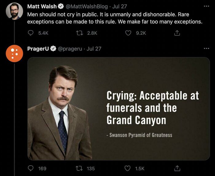 A tweet from Matt Walsh stating men should not cry in public, with a PragerU image featuring Ron Swanson on crying.