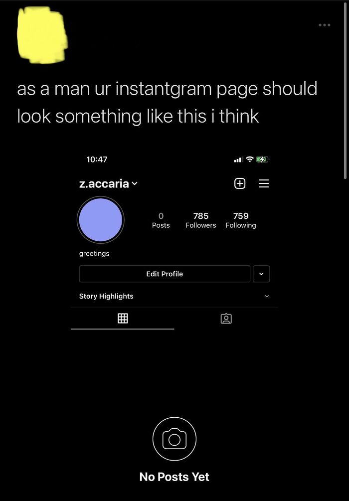 An Instagram profile screenshot with zero posts and zero followers, illustrating a man's minimalist online presence.