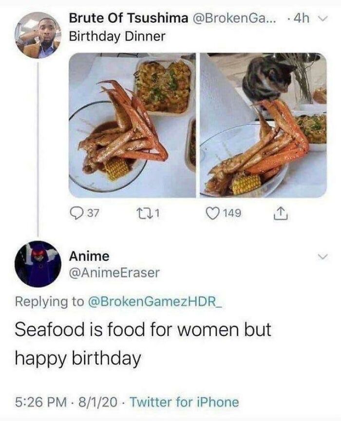 A Twitter conversation where someone states seafood is food for women, showing toxic masculinity.