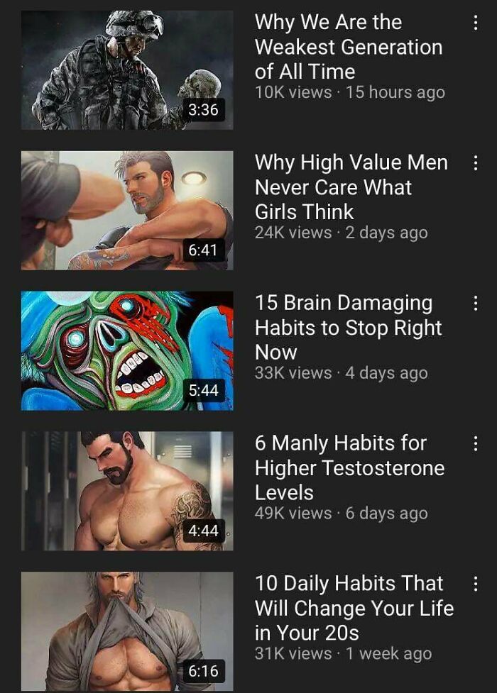 A YouTube screenshot displaying videos about masculinity, high value men, and manly habits.