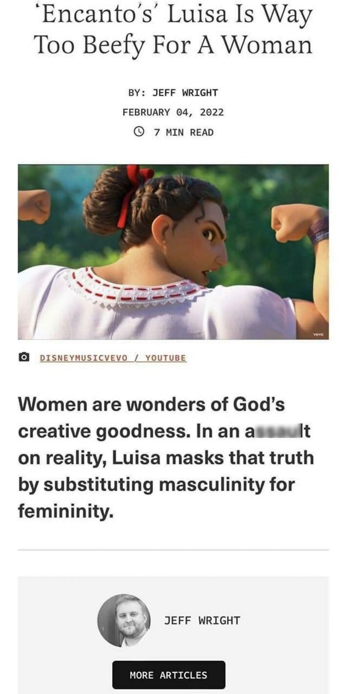 An image of Encanto's Luisa showing her biceps with a headline about her masculinity.