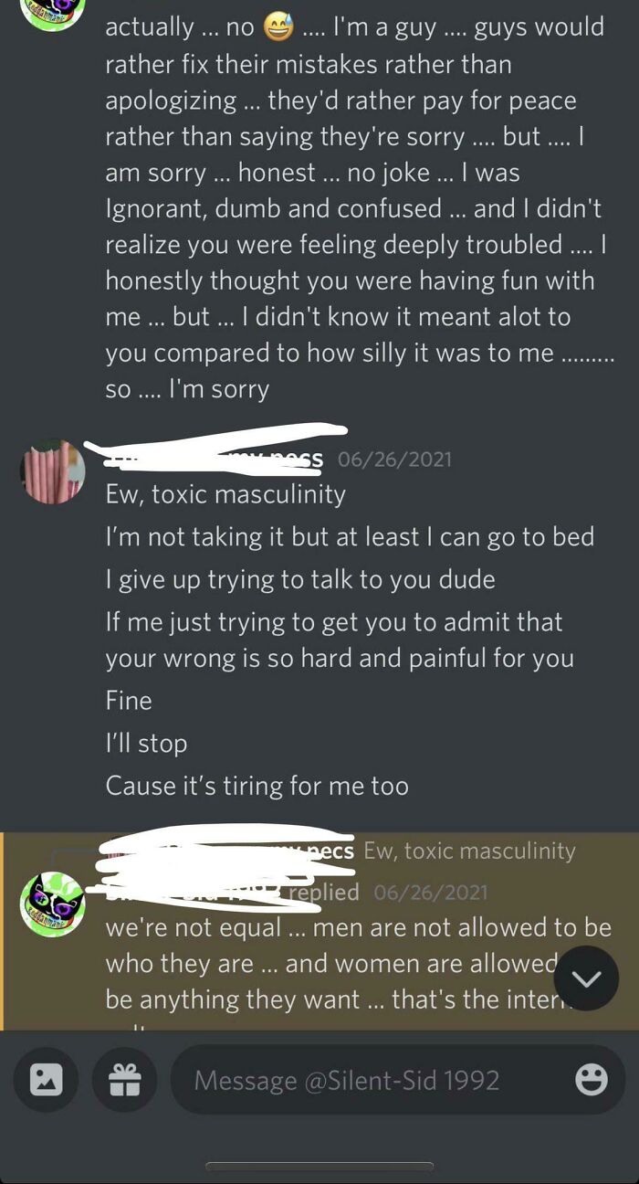 A screenshot of a conversation discussing toxic masculinity and gender inequality.