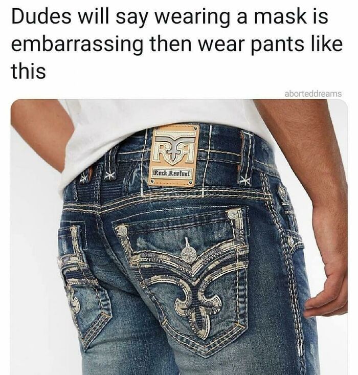 A meme contrasting men wearing saggy jeans with elaborate pockets and a caption about fragile masculinity.