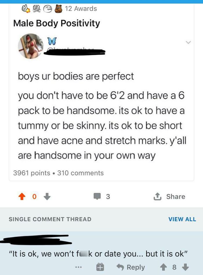 A post promoting male body positivity, with a comment revealing fragile and toxic masculinity.