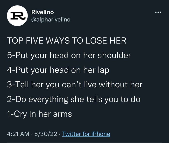 A tweet listing top five ways to lose her, highlighting fragile masculinity.