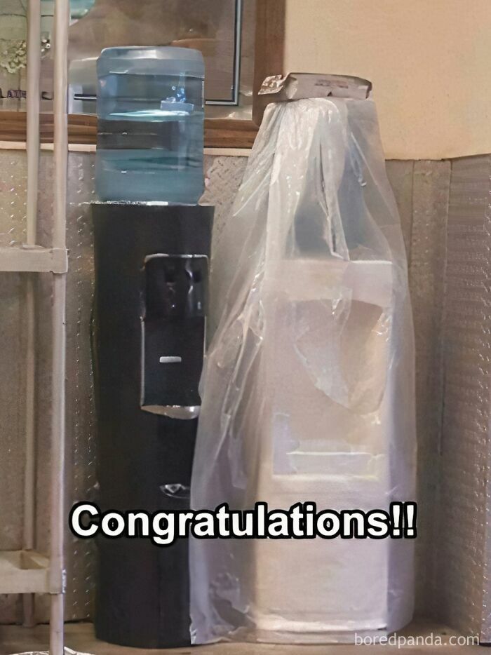 Hilarious memes: a water cooler next to a covered water fountain, symbolizing a crazy world, helping you stay sane.