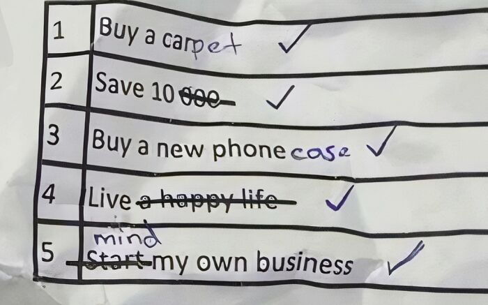 A handwritten to-do list with crossed-out items and checkmarks, including a goal to 'Live a happy mind,' a hilarious meme for staying sane.