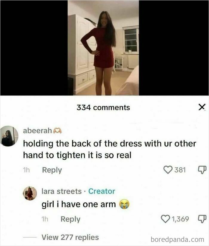 A hilarious meme from TikTok where a user comments on a girl's dress, unaware she has one arm.