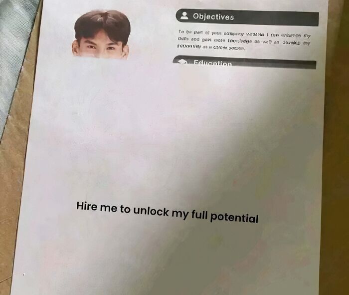 A resume meme with a cut-out face and the text Hire me to unlock my full potential. Hilarious memes about jobs.