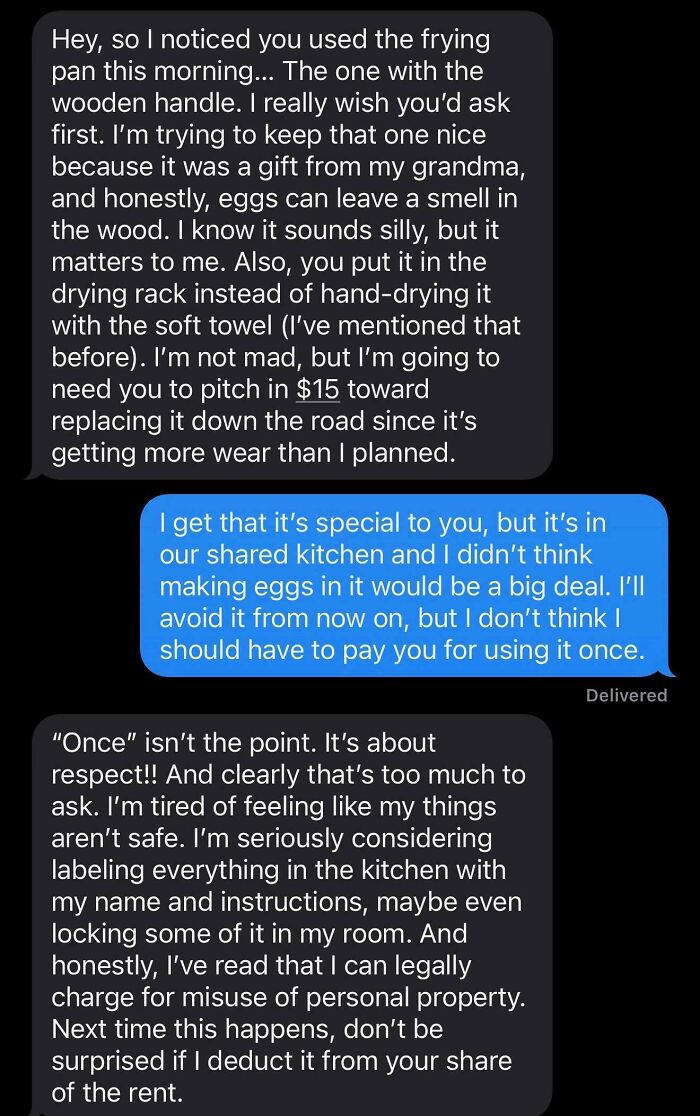 A text message conversation showing a roommate conflict over a frying pan, illustrating horrible roommate behavior.