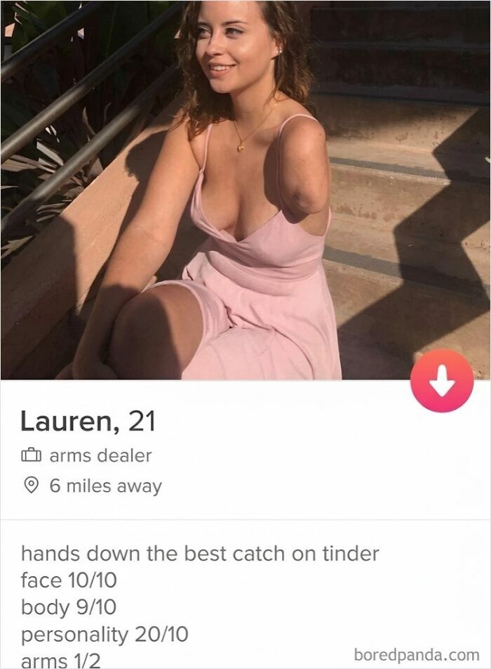 A hilarious meme of a Tinder profile for Lauren, 21, humorously listing her attributes including arms 1/2.