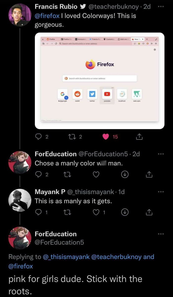 A series of tweets shaming online for using a pink theme in Firefox, exhibiting fragile masculinity.