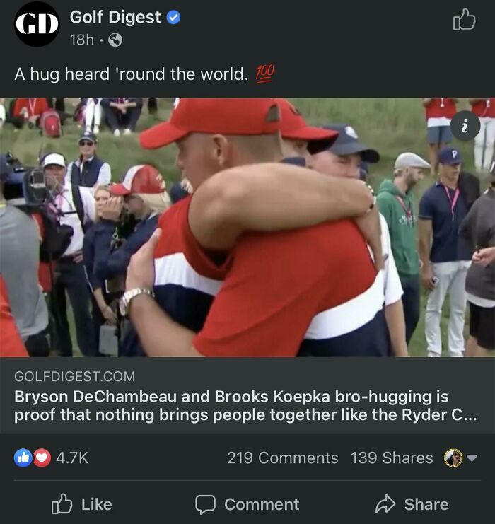 A Golf Digest post showing a 'bro-hug' between golfers, linking to an article about masculinity.
