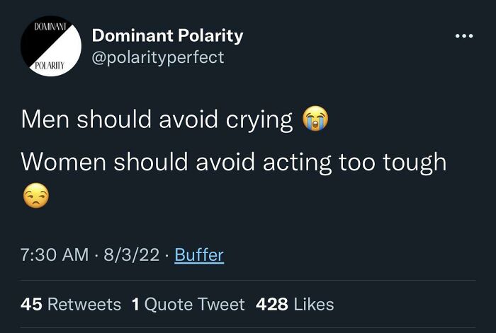 A tweet about men avoiding crying and women avoiding being tough, addressing toxic masculinity.
