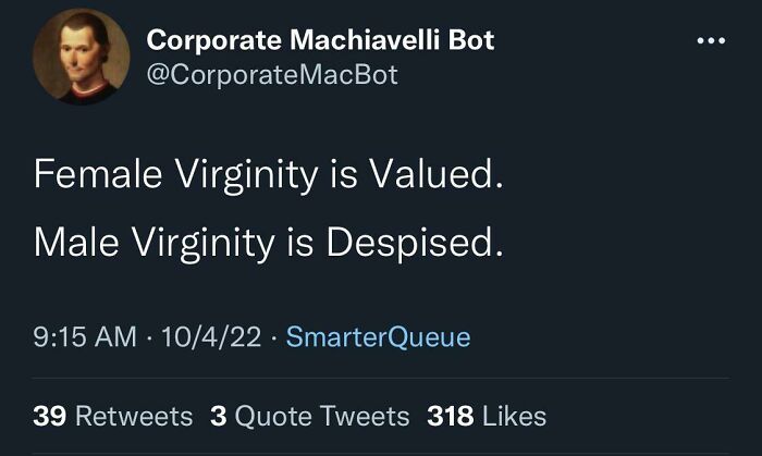 A tweet about masculinity, virginity, and societal values, highlighting fragile masculinity.