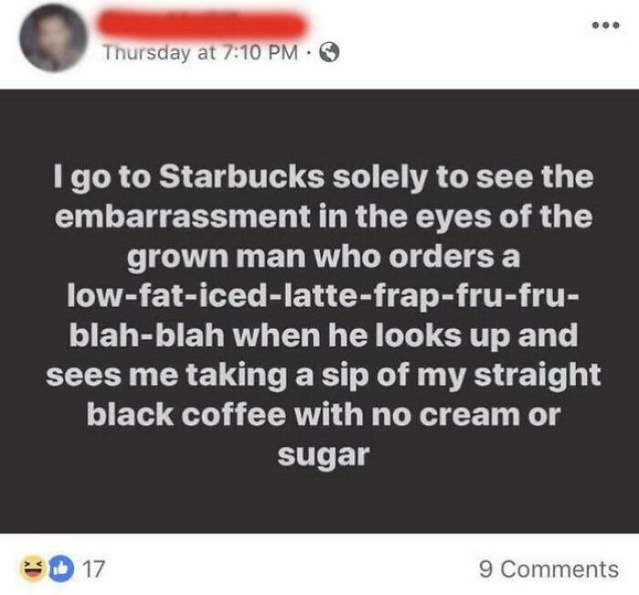 A social media post about toxic masculinity, with a user describing the embarrassment of a man ordering a low-fat latte.