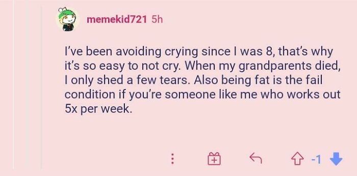 A screenshot of a social media comment revealing fragile masculinity, where a user boasts about avoiding crying since age 8.