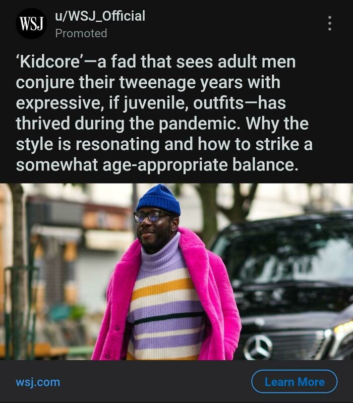 An image of an article about Kidcore fashion for men, highlighting juvenile outfits and challenging traditional masculinity.