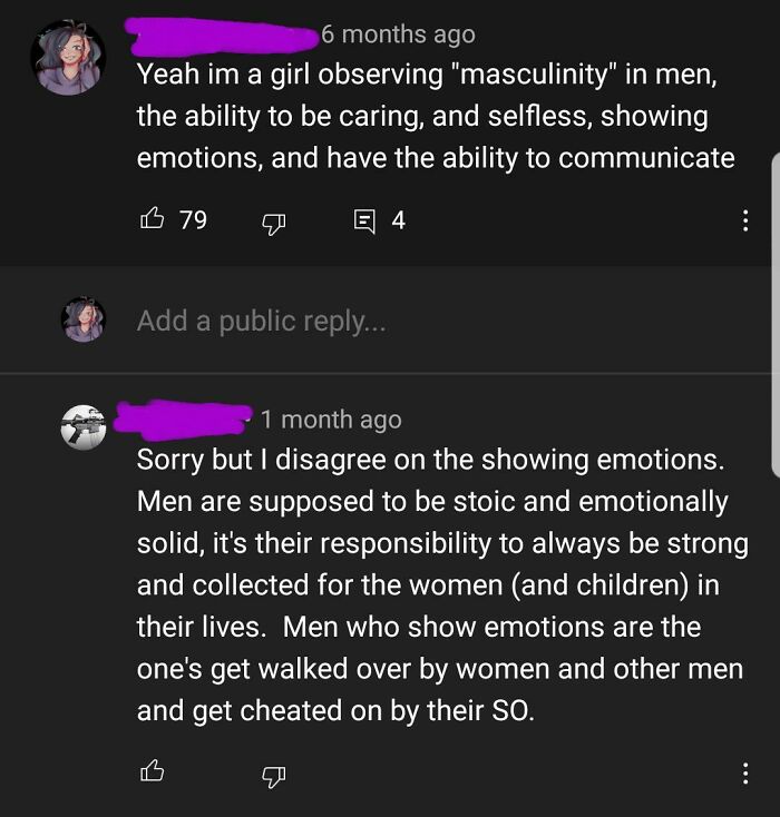 A screenshot showing a debate on social media about toxic masculinity in men, where one user states men should be stoic.