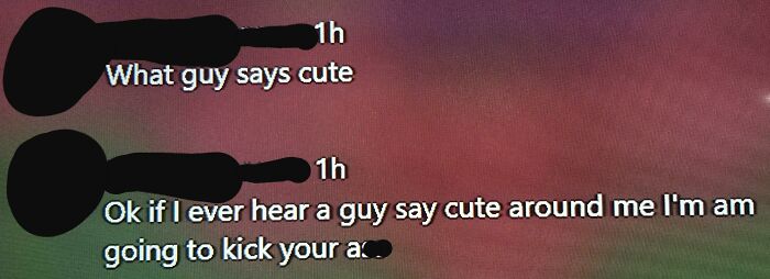 A screenshot of a social media post showing fragile masculinity in men, where one user states they will kick someone for saying cute.