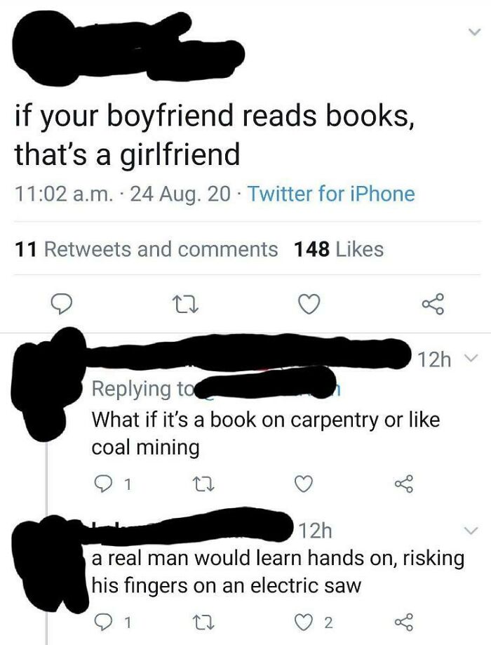 A Twitter conversation about toxic masculinity, claiming reading books makes a boyfriend a girlfriend.