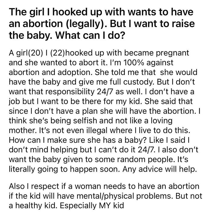 A post from a man displaying toxic masculinity, wanting to prevent a woman from having an abortion.
