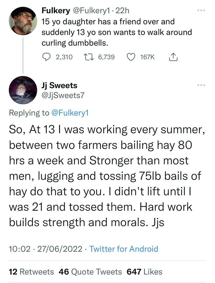A Twitter exchange showing a man with fragile masculinity shaming a 13-year-old for curling dumbbells.