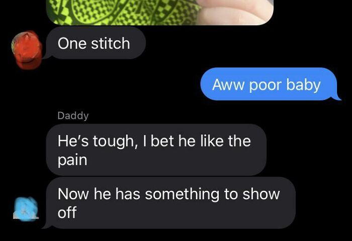 A text message conversation where someone downplays a man's pain, saying he's tough and likes pain, implying toxic masculinity.