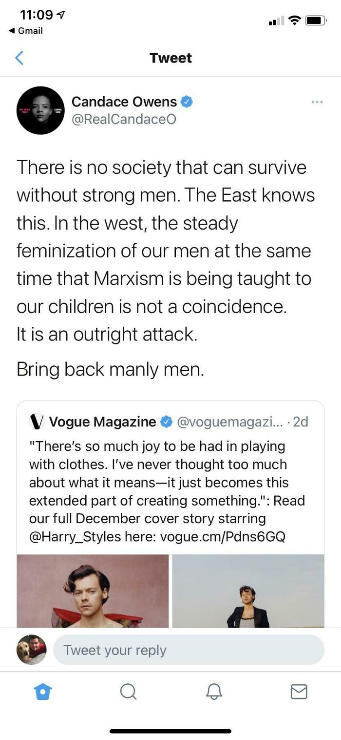 Candace Owens tweet criticizing Vogue's portrayal of Harry Styles, advocating for masculinity and shaming toxic masculinity.