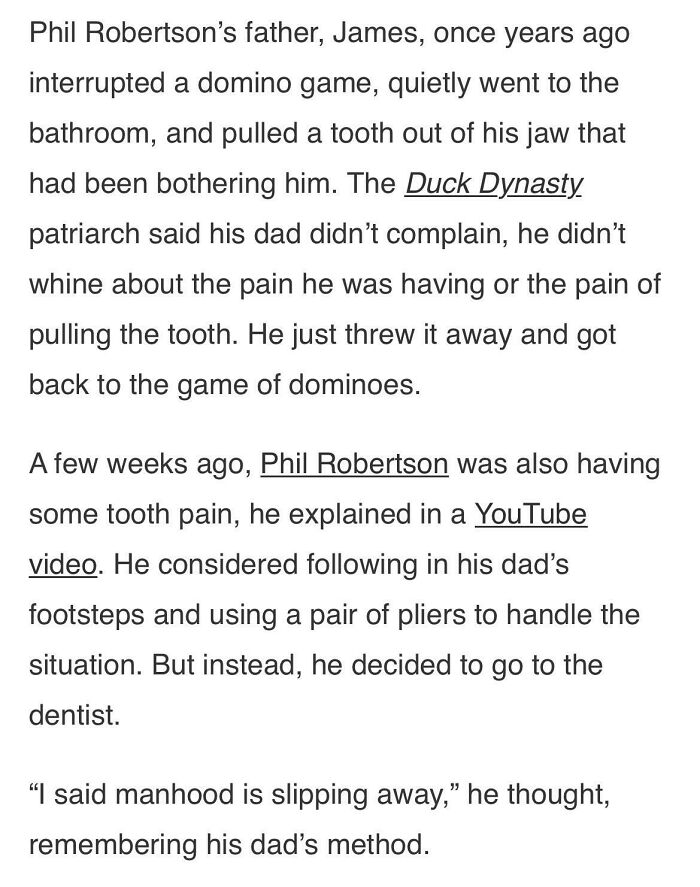 An article discussing Phil Robertson's views on masculinity and his father's method of pulling a tooth.