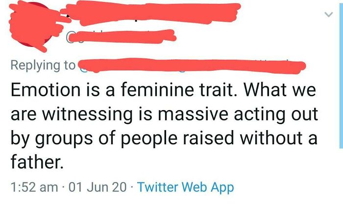 A tweet shaming men with toxic masculinity by stating emotion is a feminine trait.