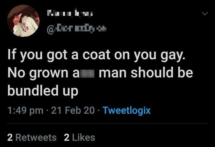 A tweet shaming men with fragile masculinity for wearing a coat, implying they are gay.