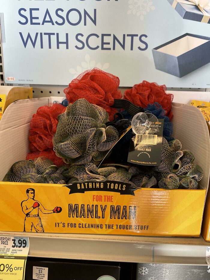 Bathing tools for manly men, a product marketed with toxic masculinity.