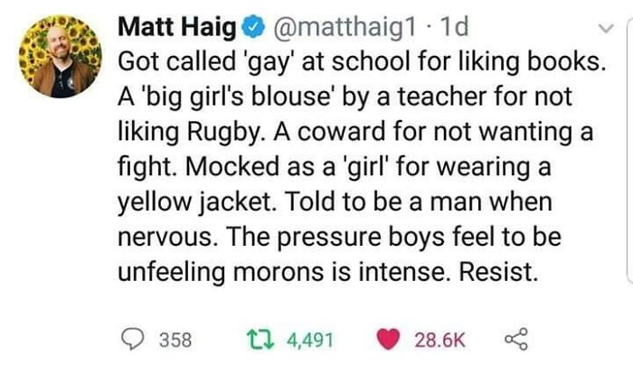 Matt Haig's tweet shaming toxic masculinity, detailing how men are pressured to be unfeeling.