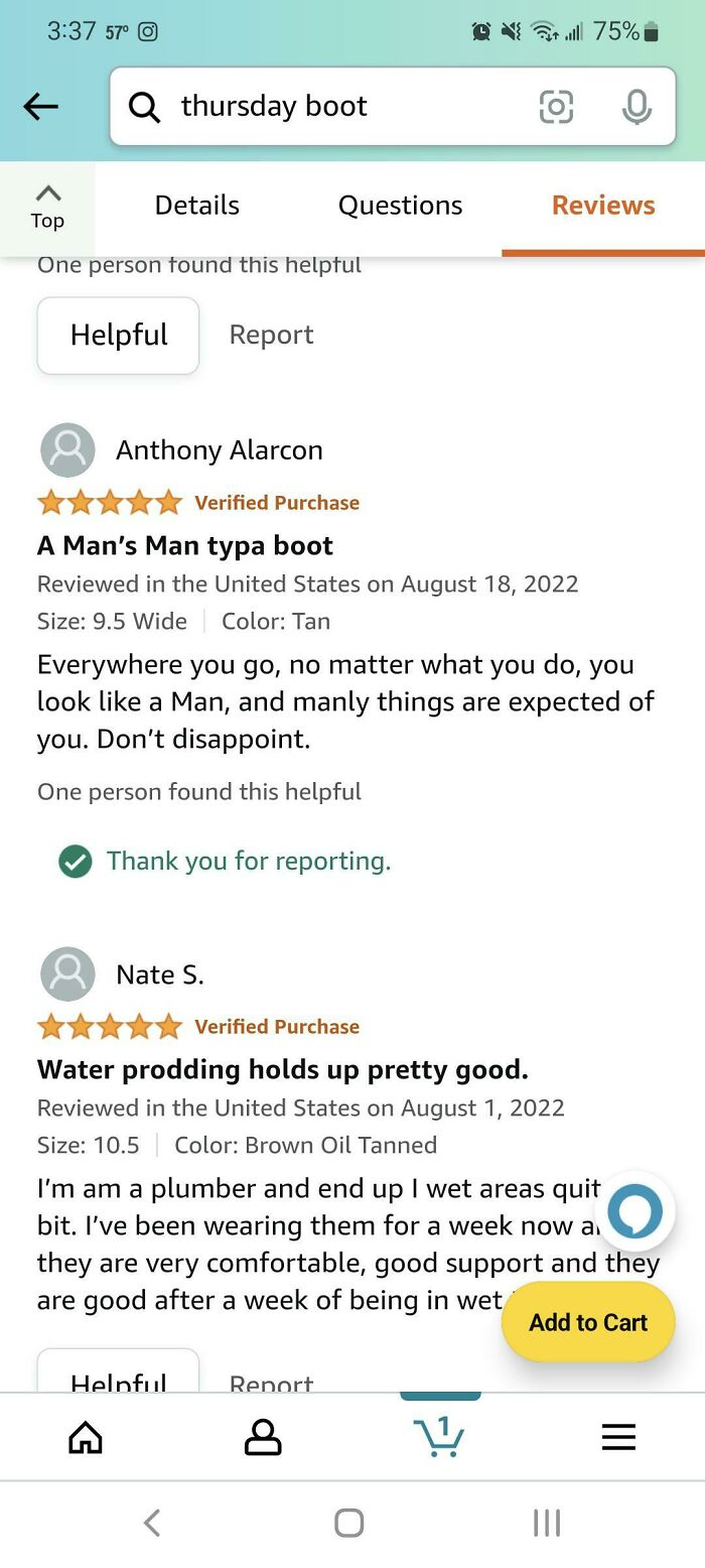 A screenshot of a product review for boots, focusing on a comment about men looking like a man, revealing toxic masculinity.
