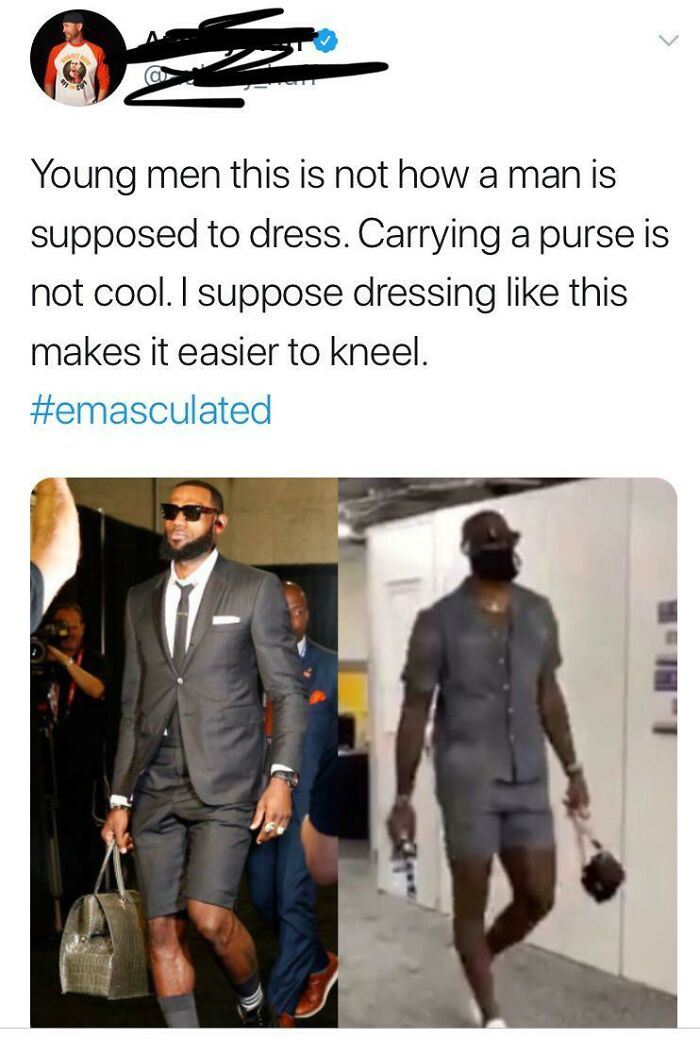 LeBron James in two outfits, with text criticizing his style as not masculine, linked to shamed online men.