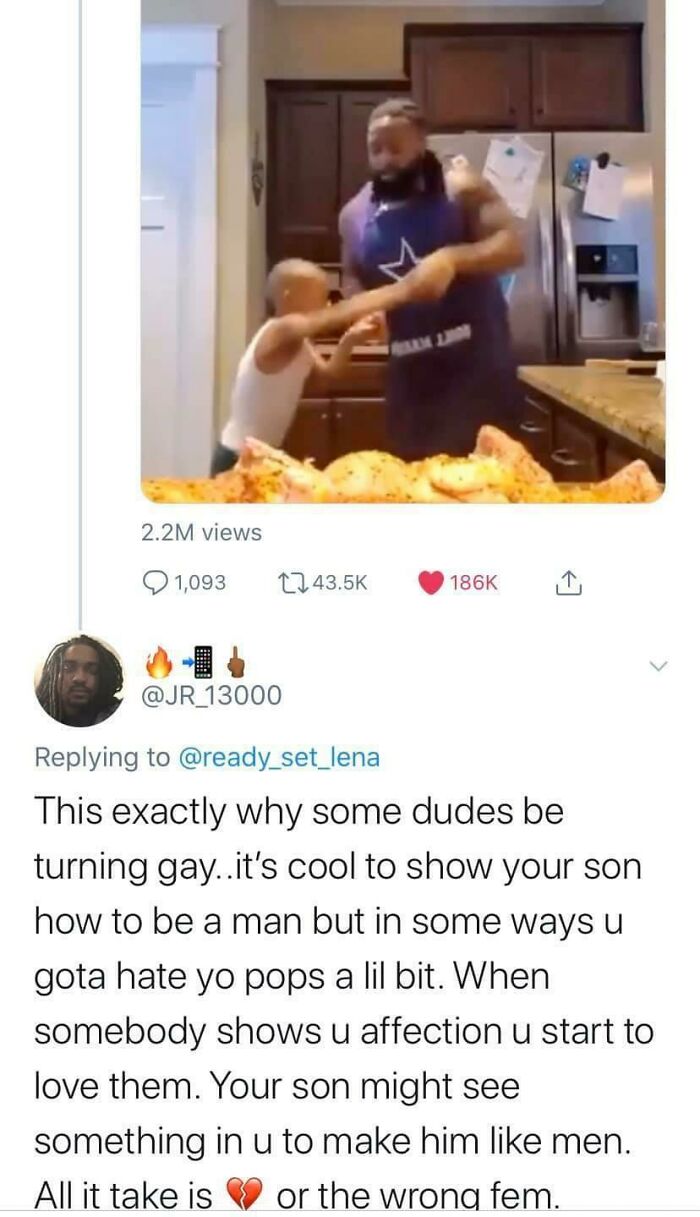 A man and child cooking, with a tweet about masculinity and affection leading to shamed online behavior.