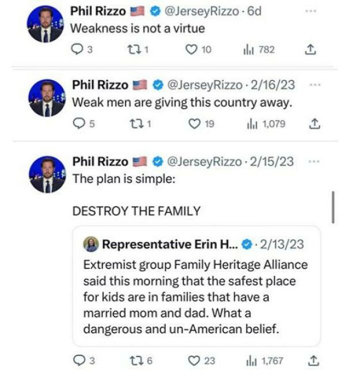 A series of tweets by Phil Rizzo discussing 'weak men' and 'destroy the family,' illustrating toxic masculinity.
